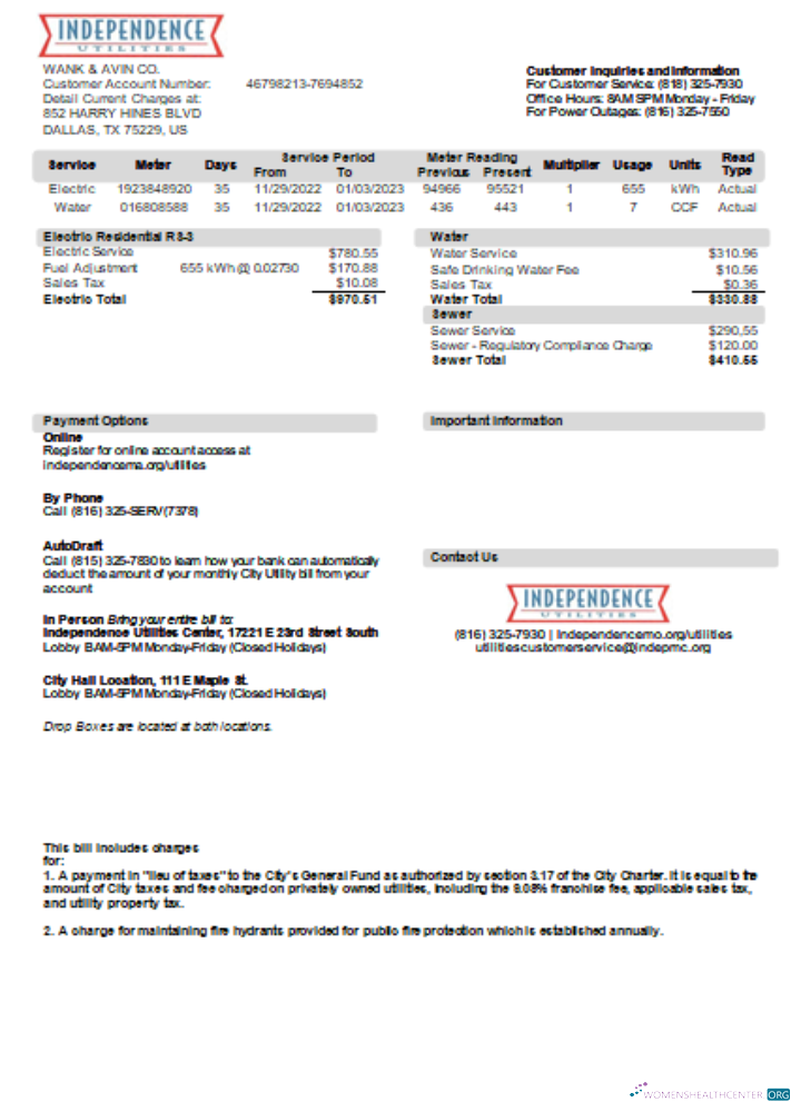 Download City of Independence, Missouri utility business bill, SCR Photoshop template